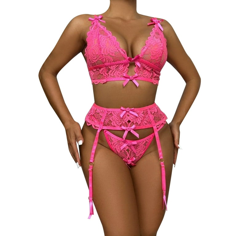 Hfyihgf Sexy Corset Garter Belt Lingerie Set for Women 3 Piece Exotic Floral  Lace Bustier Bra with Panties Babydoll Sleepwear(Hot Pink,XL) 