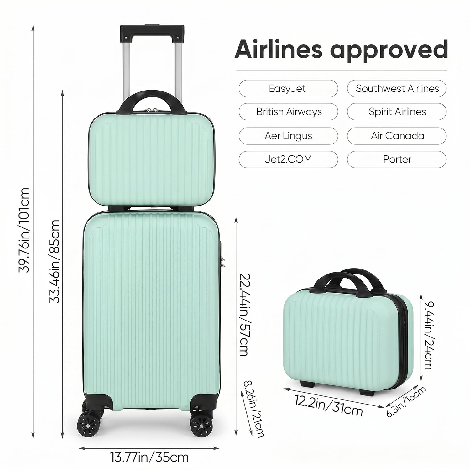 2 Piece Vertical Striped Luggage Set, Carry On Hardside Suitcase with Spinner Wheels & TSA Lock, Lightweight Travel Luggage with Cosmetic Case Green