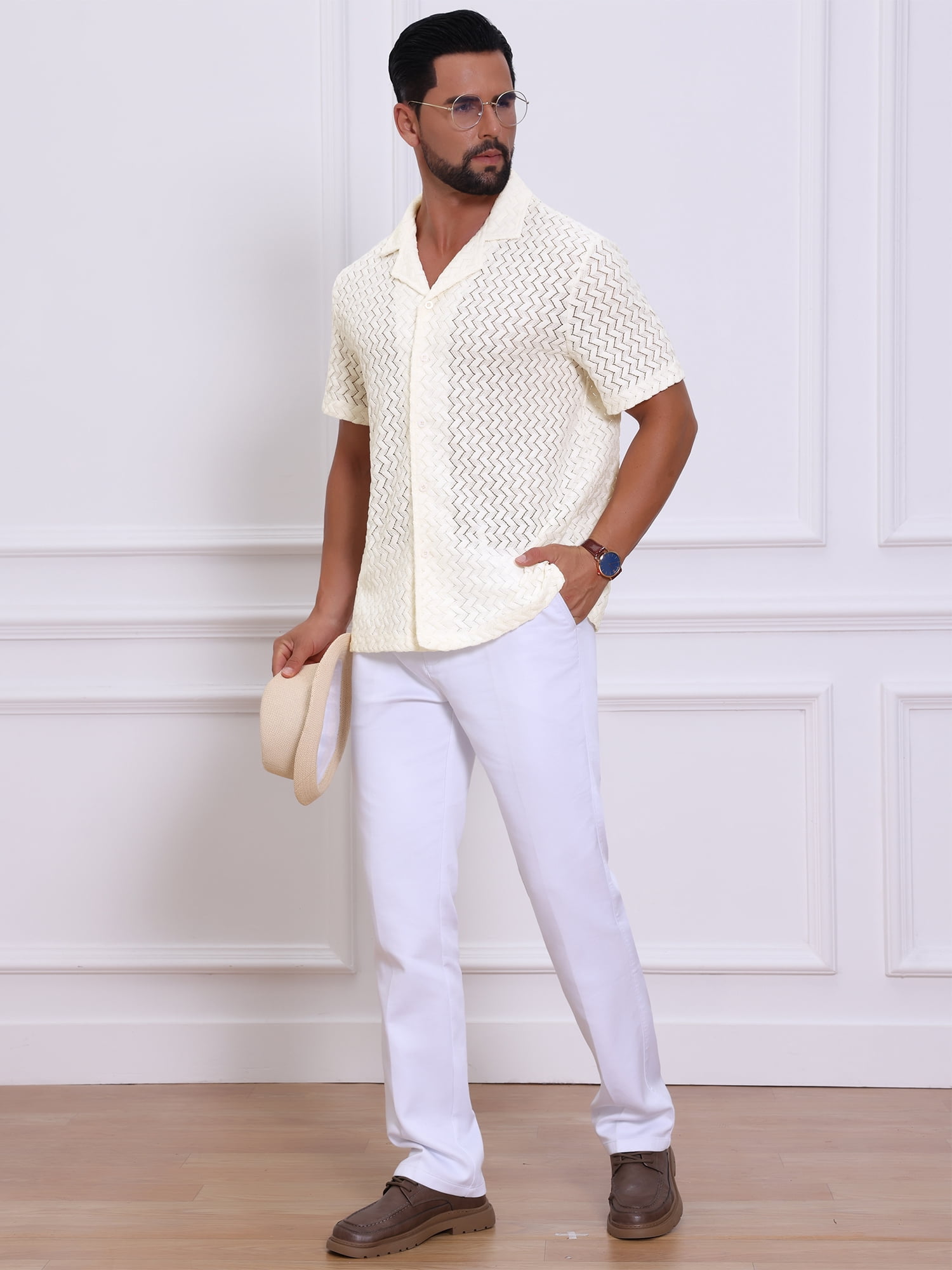 DARING DIVA Men's Hollow Jacquard Camp Collar Short Sleeve Beach Texture Shirts M Beige