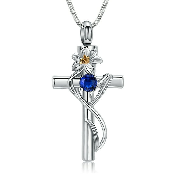 Crystal Lily & Cross Urn Necklace for Ashes With Birthstone / Flower Cross Memorial Keepsake Necklaces for Women Men