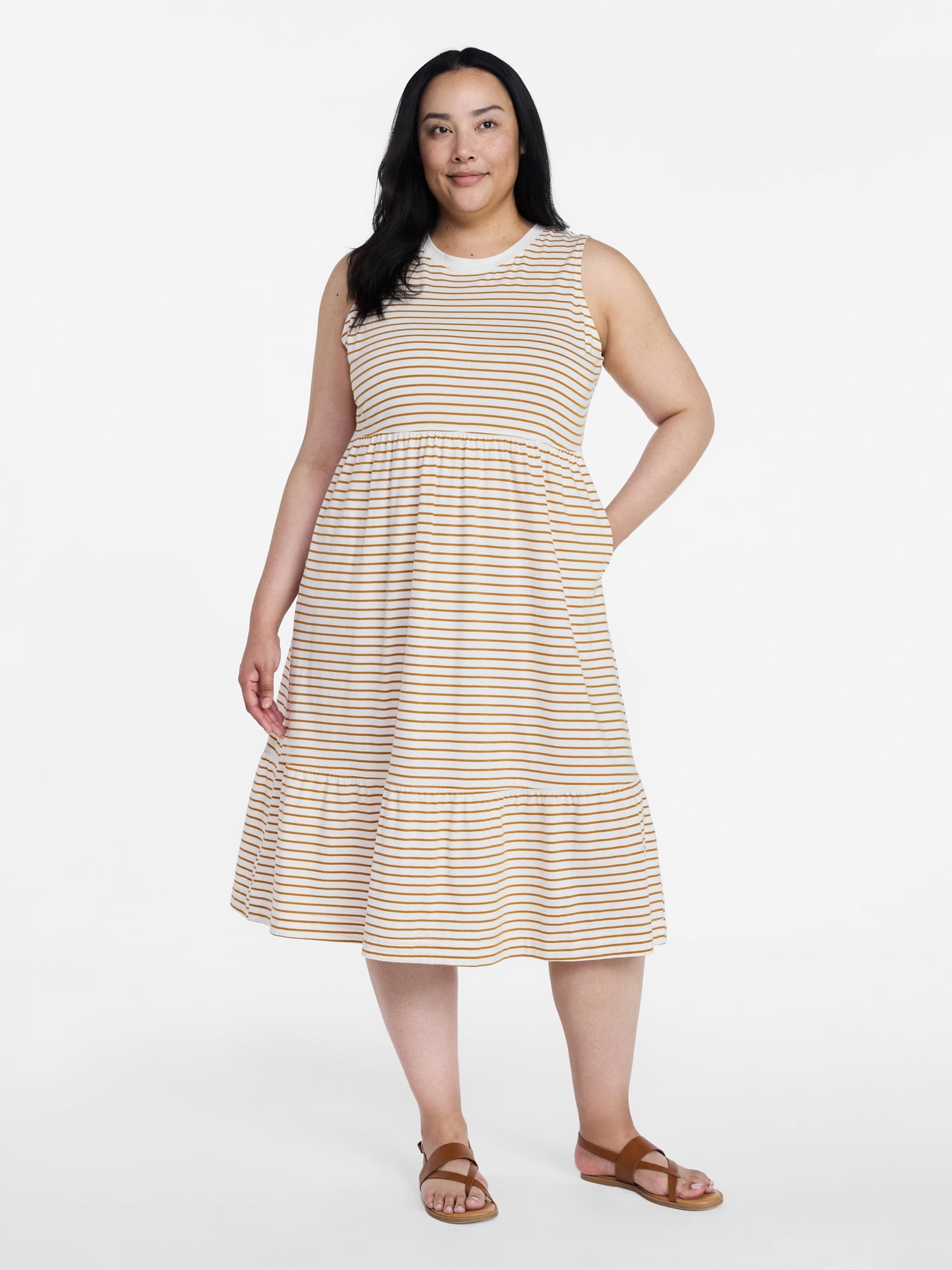 Time and Tru Women's Cotton Sleeveless Tiered Midi Dress, Sizes XS-XXXL