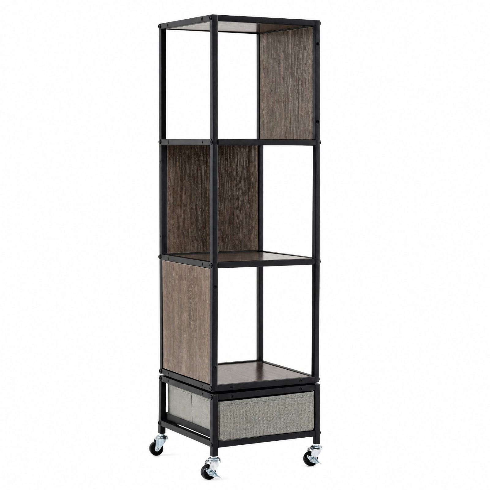 Furnibear 4-Tier Rotating Bookshelf on Wheels with Removable Drawer for Living Room Home Office Bedroom Display Storage Shelf, Gray