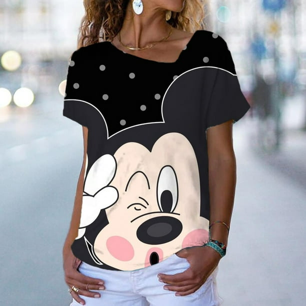 Women Disney Mickey Mouse Minnie 3D Print T-Shirt Loose Short Sleeve T-Shirt Top Fashion Ladies Boho V-neck 3D T-shirt XS-5XLXS Gao Jinjia LED