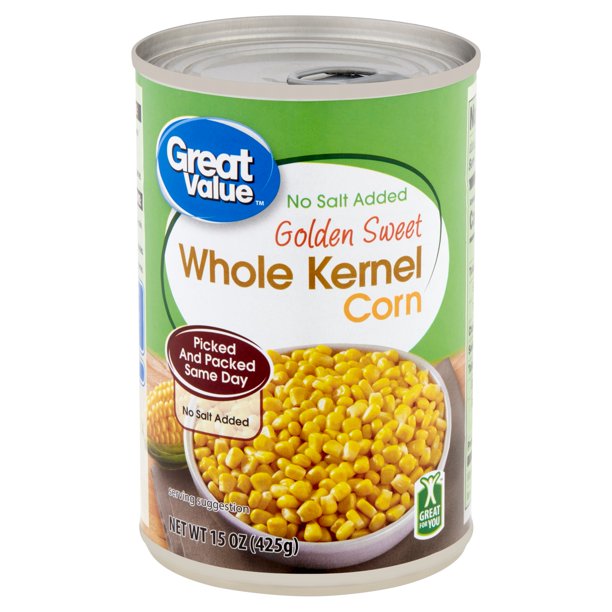 Great Value No Salt Added Golden Sweet Whole Kernel Corn, 15 oz