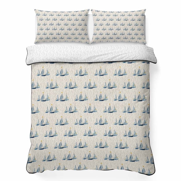 Quilts Twin Size Bedding Set, Nautical Sailboats Lightweight Quilted Comforter, Slate Blue Minimalist Beige Coastal Soft Reversible Bedspread Coverlet with Pillow Covers for All Season, 68" x 86"