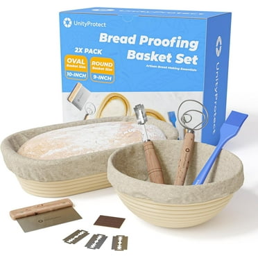 Bread Proofing Basket Set of 2, 10 Inch Oval & 9 Round Sourdough Bread Baskets, Banneton Proofing Basket with Linen Liner, Bread Lame