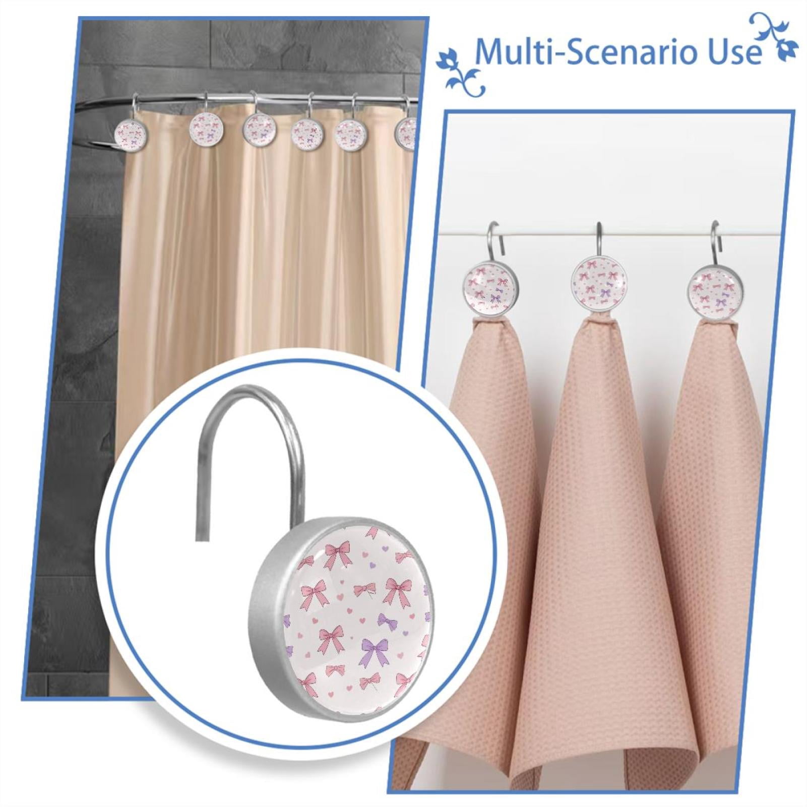 HemaKayy 12 Pcs Shower Curtain Hooks Bathroom Decorative Accessories Pink Purple Fresh Bow