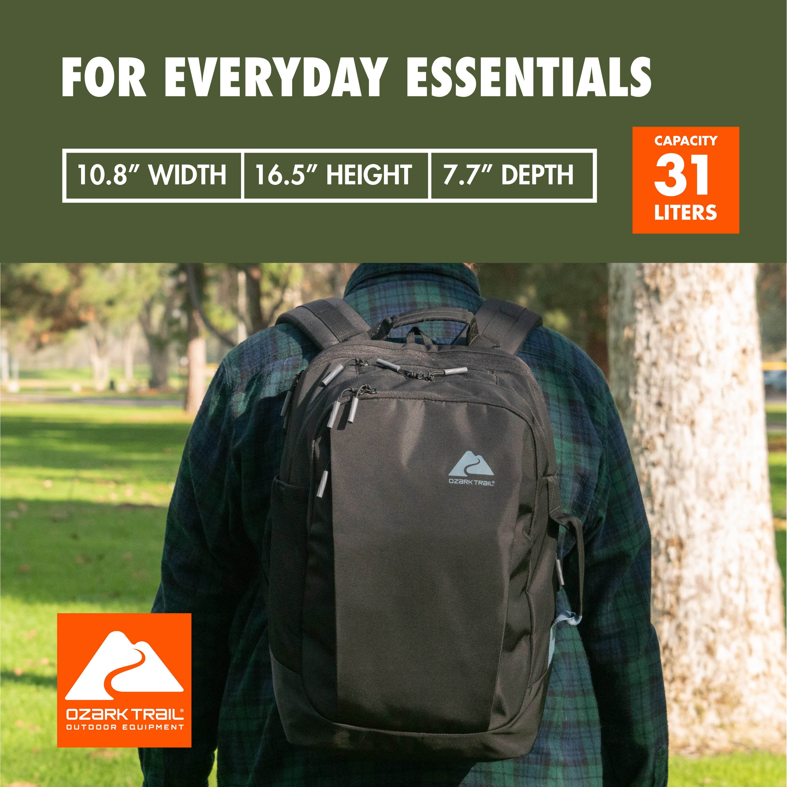 Ozark Trail Adult Polyester Travel Daypack Backpack, 34L, Black