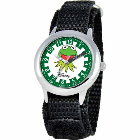 Disney The Muppets Kermit Boys' Stainless Steel Watch, Black Strap