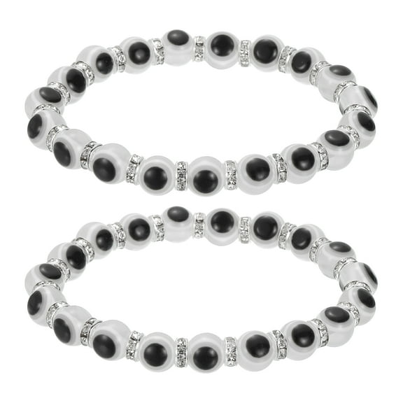 8mm Turkish Evil Eye Bracelets, 2 Pcs Good Luck Protection Beaded Stretch Bracelets Charm for Women Men Stackable Blessing Jewelry (White)