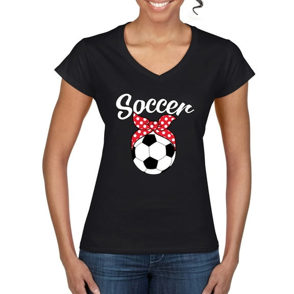 Wild Bobby, Cute Soccer Mom Ribbon Soccer Ball Gift Sports, Mother's Day, Women Standard V-Neck Tee, Black, Small