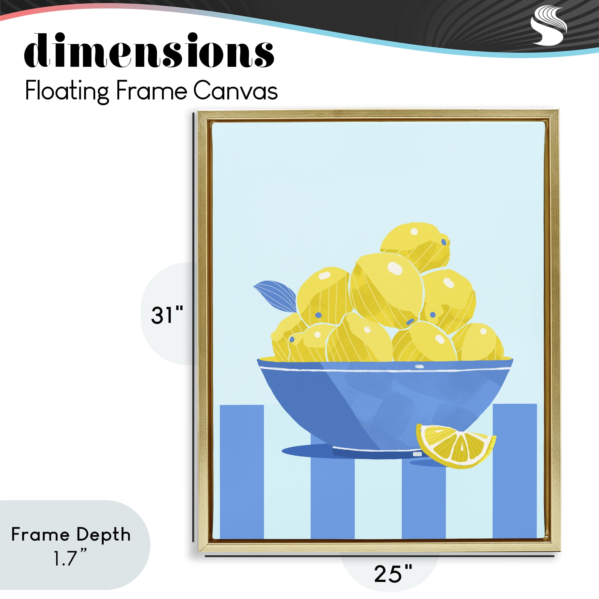 Stupell Industries Yellow Lemon Bowl Striped Gold Framed Floater Canvas Wall Art, design by Lucca Sheppard