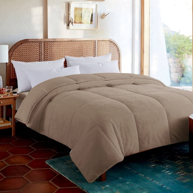 Feather and Loom Reversible Cozy Down Alternative Comforter - Microfiber reversing to a Cozy Plush, Hypoallergenic Down Alternative Fill, Machine Washable - Color: Tan | Size: Full/Queen - 90x90
