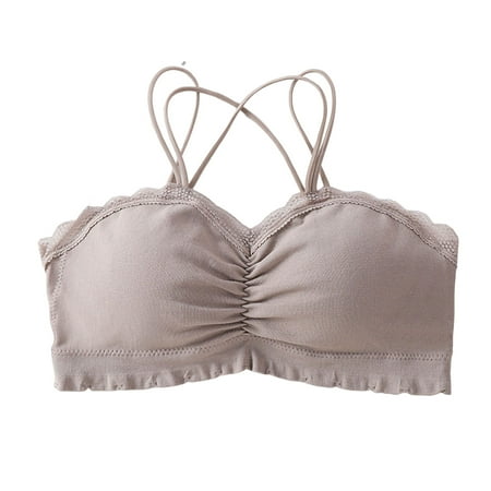 

opvise Criss Cross Spaghetti Straps Lace Stitching Removal Pads Shirring Women Bra Student Thin Sport Style Solid Color Bralette Black