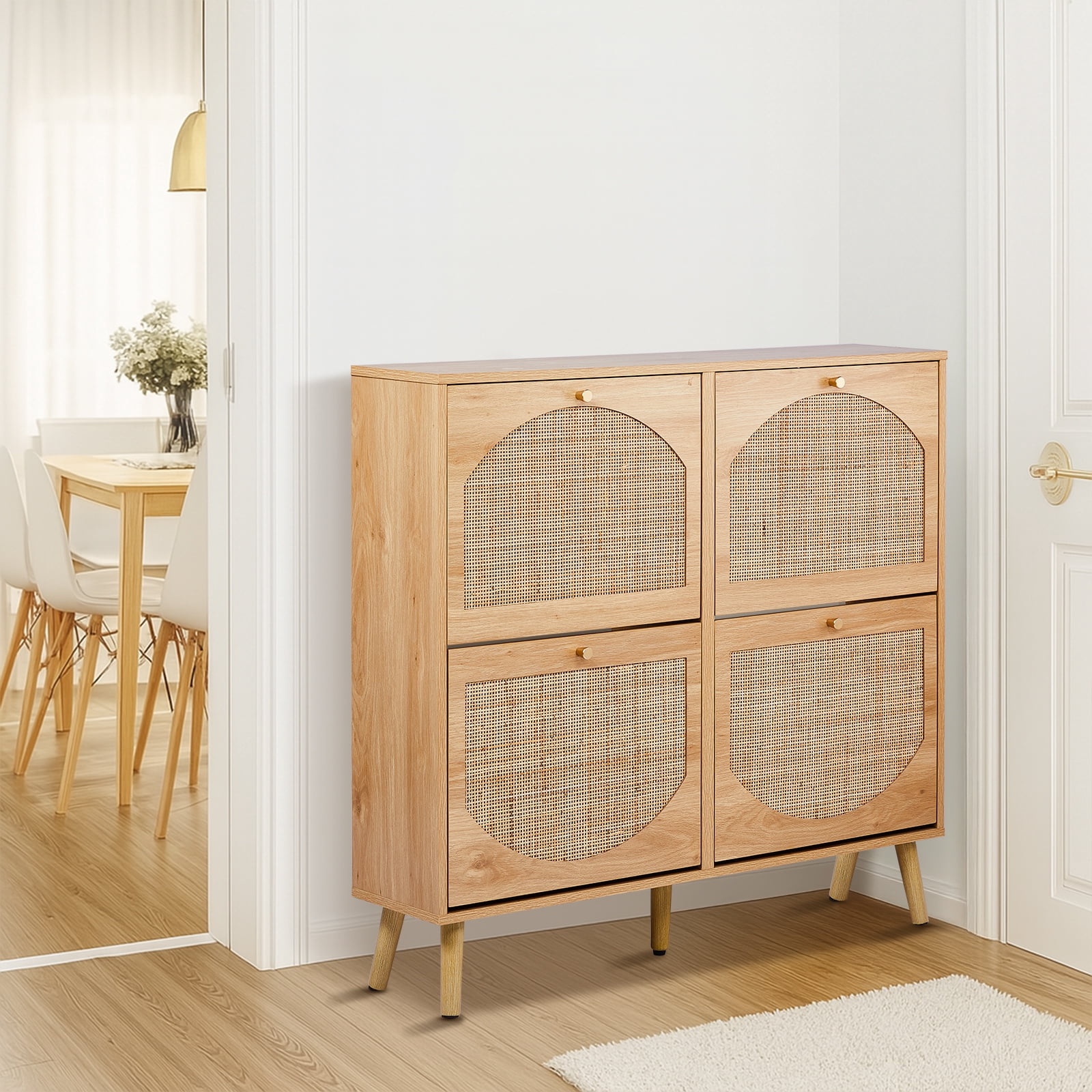 2-Tier Arched Rattan Flip-Down Shoe Cabinet, 12-16 Pair Capacity Melamine MDF Slim Organizer for Narrow Entryways