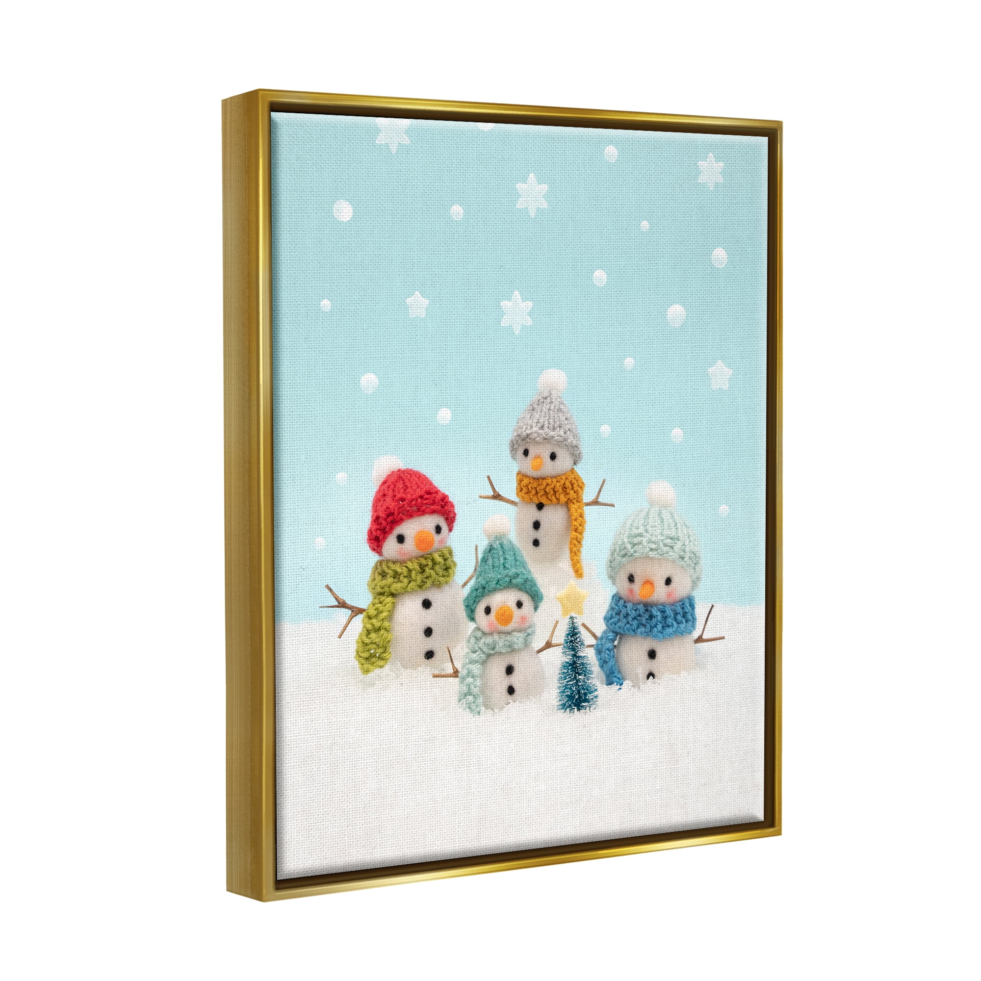 Stupell Industries Winter Snowmen Christmas Tree Holiday Photography Gold Floater Framed Art Print Wall Art