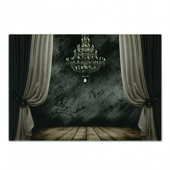 Classical Cutting Board, Ball Room Chandelier Look Illustration in Dark Tones Medieval Antique Times, Decorative Tempered Glass Cutting and Serving Board, in 3 Sizes, by Ambesonne