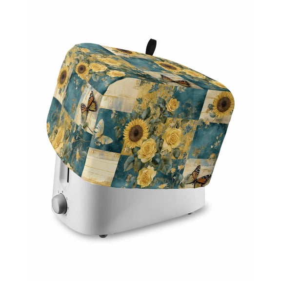 Fsddascl Spring Yellow Floral Toaster Cover 4 Slice, Large Kitchen Appliance Covers, Butterfly Teal Plaid Vintage Country Toaster Oven Cover with Loop, Bread Machine Cover Polyester Dust Cover