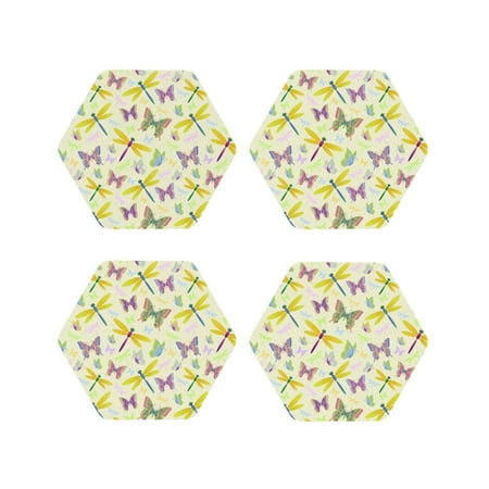 

Coasters Set of 4 - Brightly Colored Dragonfly Butterfly Drink Coasters for Tabletop Protection Leather Coasters for Living Room Decor and Housewarming Gift Hexagon