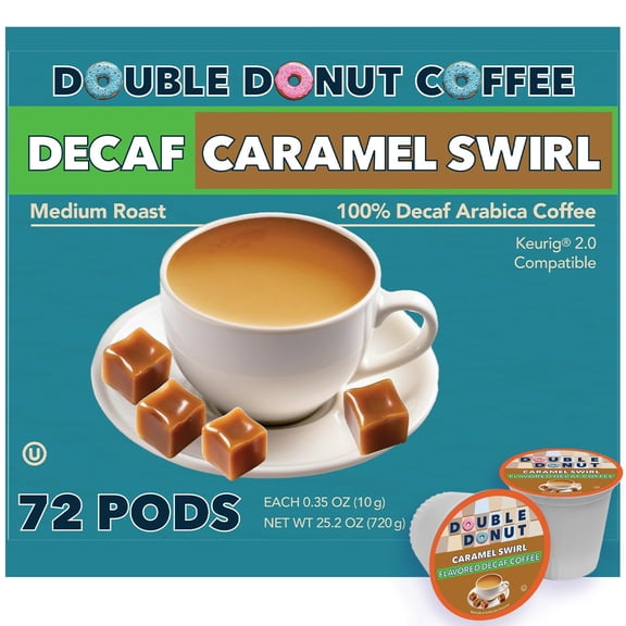 Double Donut Coffee Decaf Caramel Swirl Flavored Coffee Pods, Decaf Medium Roast Coffee, Compatible with Keurig K Cups Brewers 72 Count