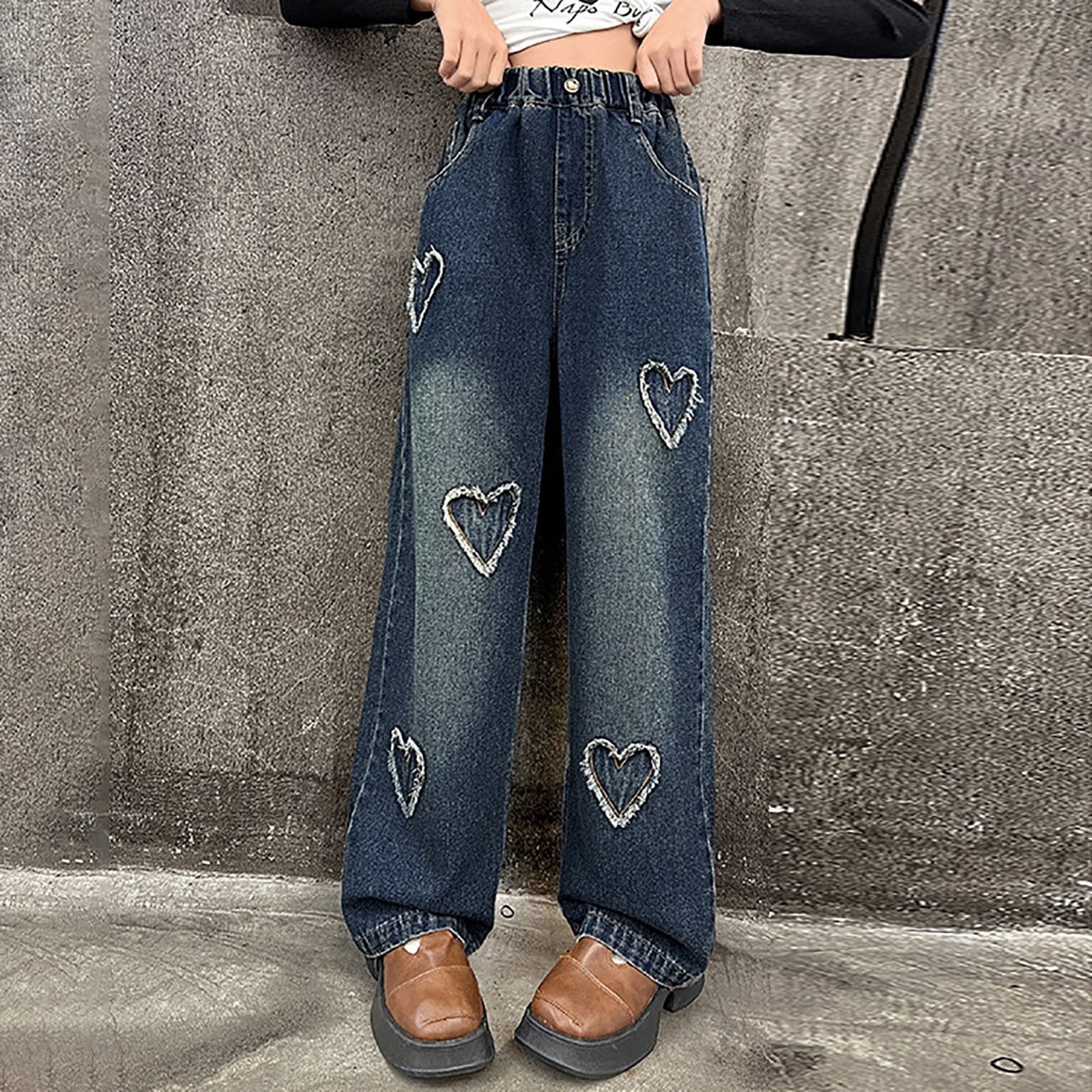 ZTKWD Girl's Wide Leg Heart Denim Jeans Fly Elastic High Waist