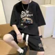 thumbnail image 5 of Conjunto de moda coreana para hombre, con estampado de gofres, camiseta de manga corta y pantalones cortos, conjunto deportivo de 2 piezas, chándal de moda de verano, 5 of 5