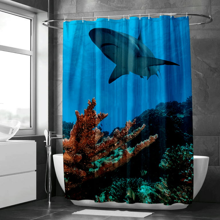 Animal Shower Curtain, Aquatic Creatures Algae Ocean Turtle Seahorse Shark  Dolphin Fish Print Bathroom Set with Hooks, #1, 90x180cm 