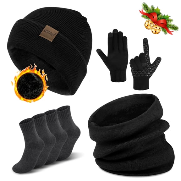 KOITHOT 5 Pcs Winter Beanie Hat Scarf Touchscreen Gloves Set with Wool Socks for Men Women Black