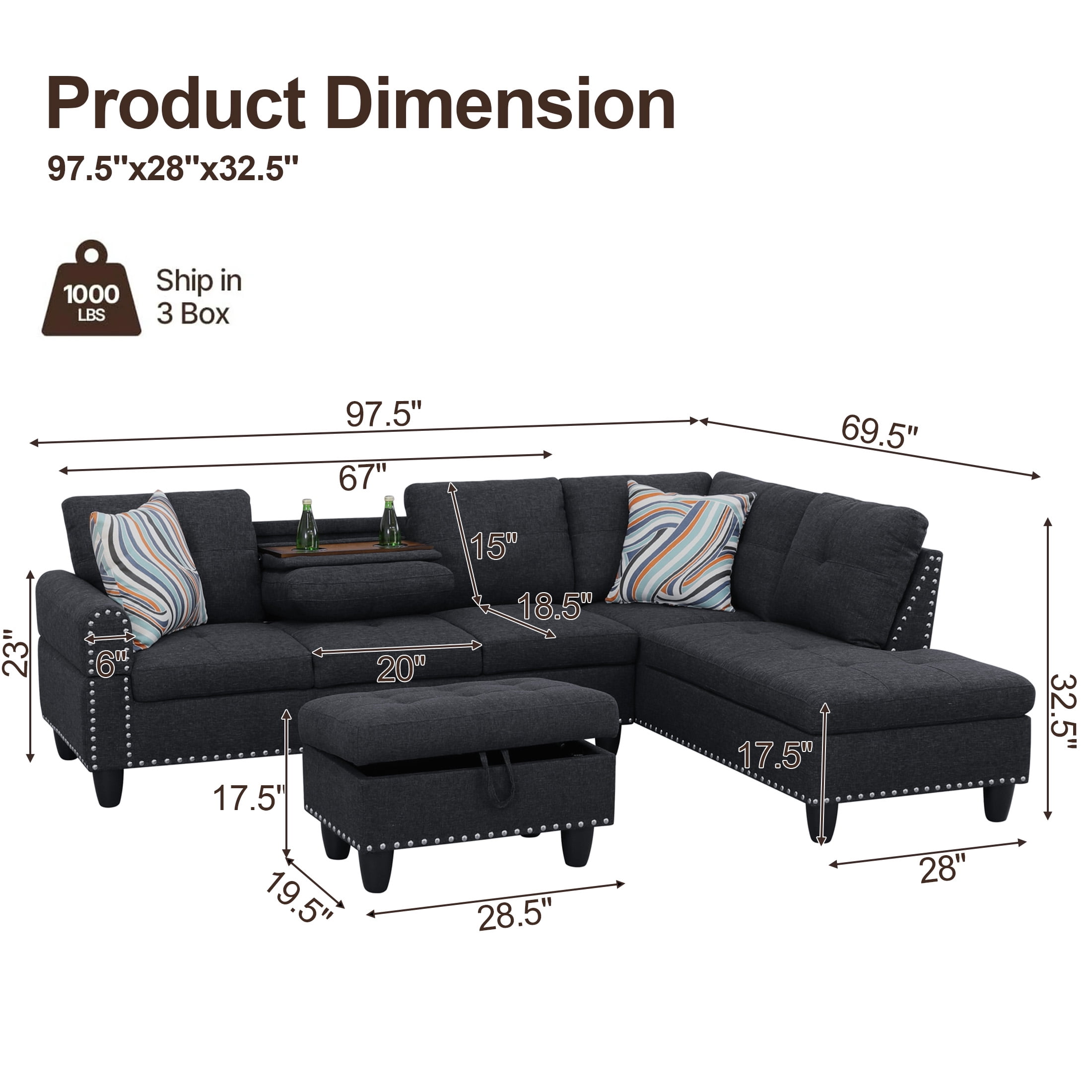 AENKYO 98" L-Shaped Sectional Sofa with Reversible Chaise, Storage Ottoman & Cup Holders, Linen, Black Gray