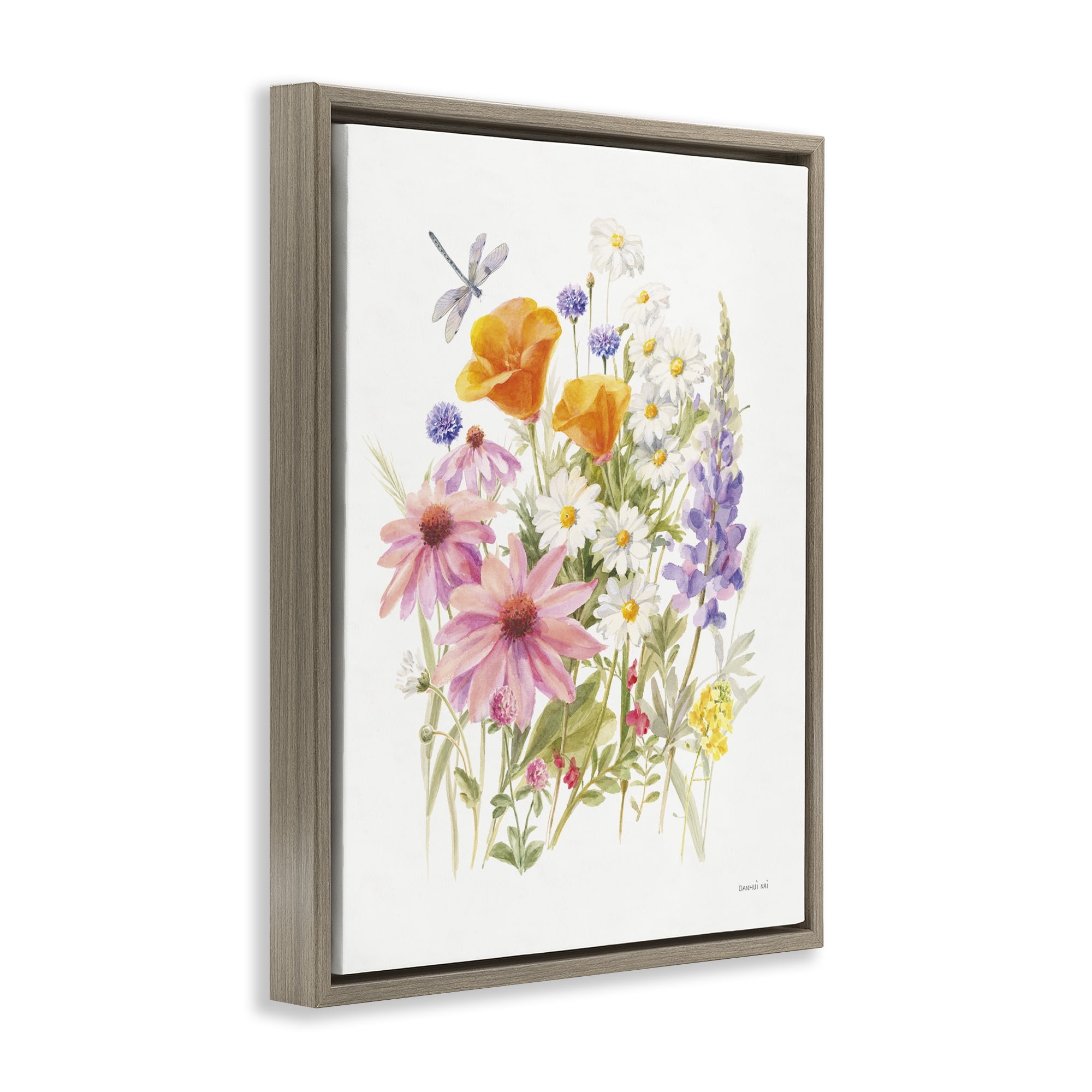 Stupell Industries Bright Flowers & Dragonfly Botanical & Floral Painting Brown Floater Framed Art Print Wall Art, 17 x 21