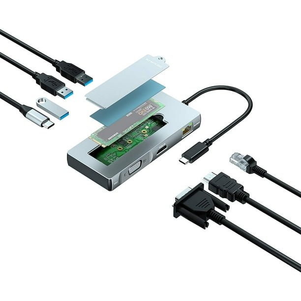 Hub USB-C TDBT avec boîtier SSD M.2 SATA, emplacement pour disque dur M.2  intégré, HDMI 4K 60Hz + VGA + Ethernet + 100W PD Fast 