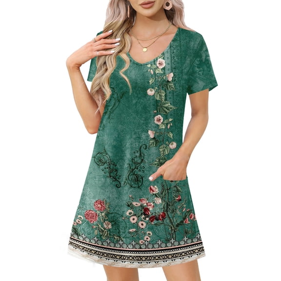 UVN Summer Dresses for Women V Neck Short Sleeve T Shirt Dress Casual Beach Sundress with Pockets