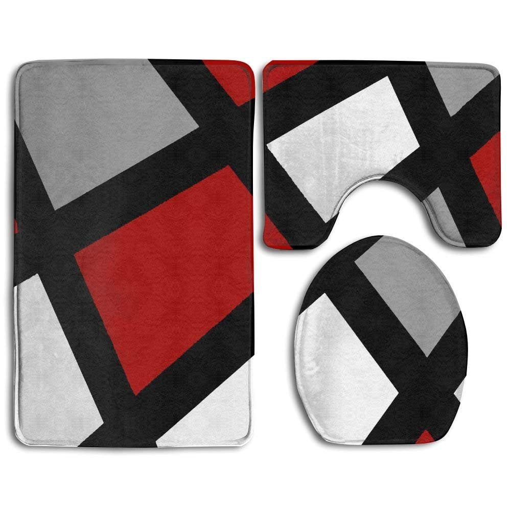 PUDMAD Red Gray Black White Geometric 3 Piece Bathroom Rugs Set Bath