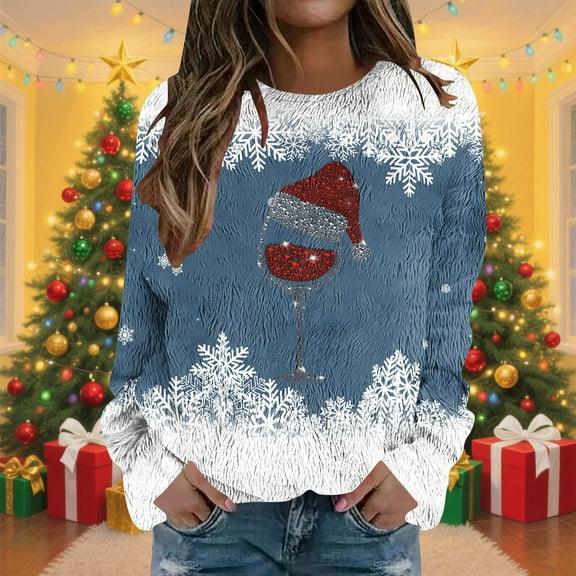 JUSLIO Christmas Blouses for Women Warm Fleece Shirts Tops Graphic Long sleeve Round Neck Shirts Tops Blue L