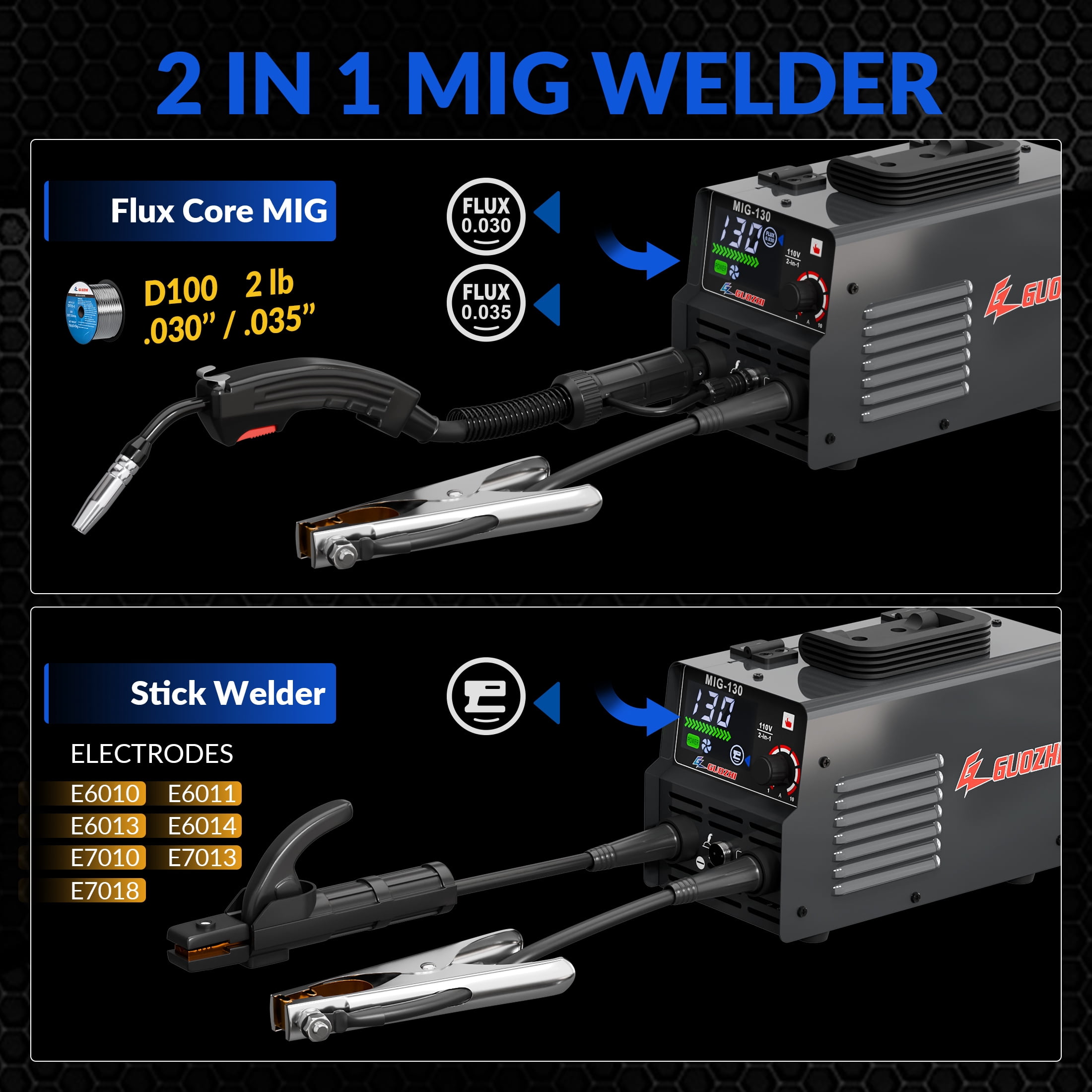 GZ GUOZHI 130A Portable MIG Welder,110V 2 in 1 Gasless Flux Core MIG/Stick Welding Machine with Large LED Display (8.5 LB)