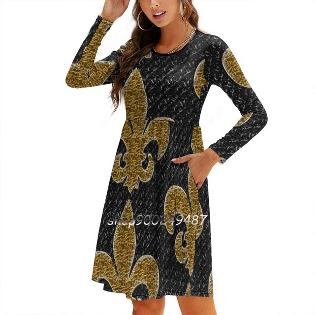 Robe Noire et Dorée Fleur de Lis Col Carré Robe d'Été Douce Femme Élégante Imprimé Licou Robe Noire et Dorée Fleur de Lis