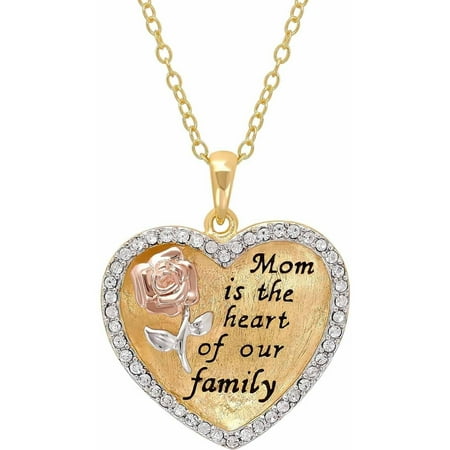 Sterling Silver and 18K Gold Plate Crystal Border "Mom Is The Heart Of Our Family" Heart Pendant, 18