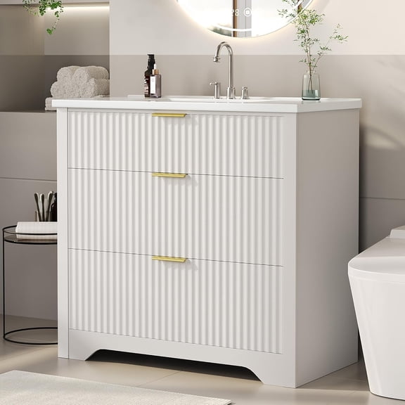 36" Fluted Bathroom Vanity with Sink, Farmhouse Freestanding Bathroom Sink Cabinet with 2 Drawers & 1 Flip-Down Drawer, Easy Assembly & Cleaning, White