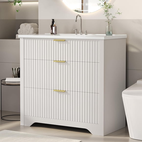 IdealHouse 36" Fluted Bathroom Vanity with Sink, Farmhouse Freestanding Bathroom Sink Cabinet with 2 Drawers & 1 Flip-Down Drawer, Easy Assembly & Cleaning, White