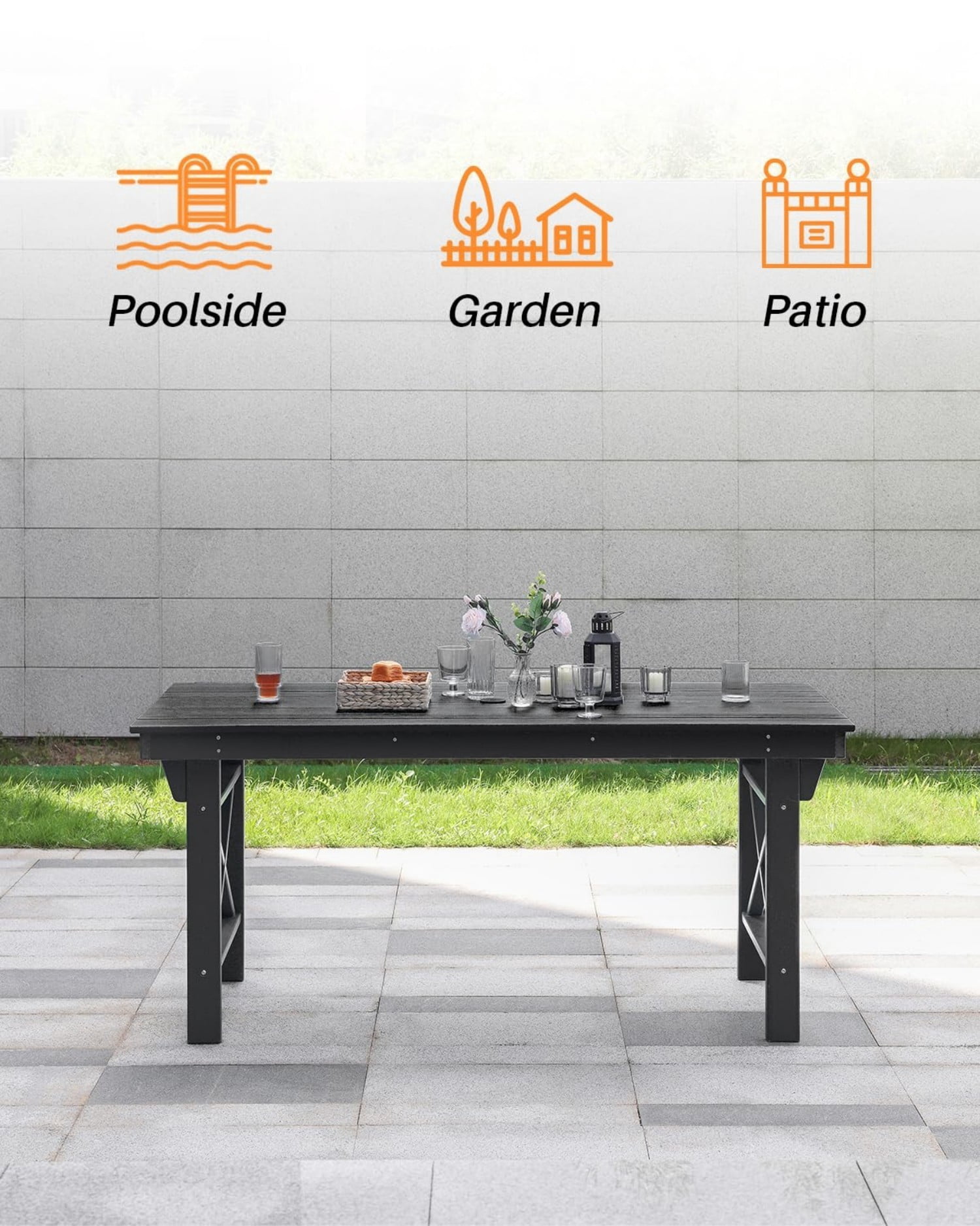 HDPE Outdoor Dining Table for 6, 66.9" Rectangular Patio Dining Table with 2.2" Umbrella Hole, All-Weather Outdoor Table for Backyard, Deck, Garden, Poolside, Obsidian