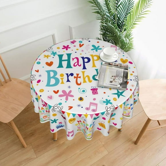 Happy Birthday Round Tablecloth 60 Inch Birthday Table Cover Colorful Cake and Balloons Birthday Tablecloths Resistant Circle Table Cover for Birthday Party Kitchen Dining Room Outdoor Décor