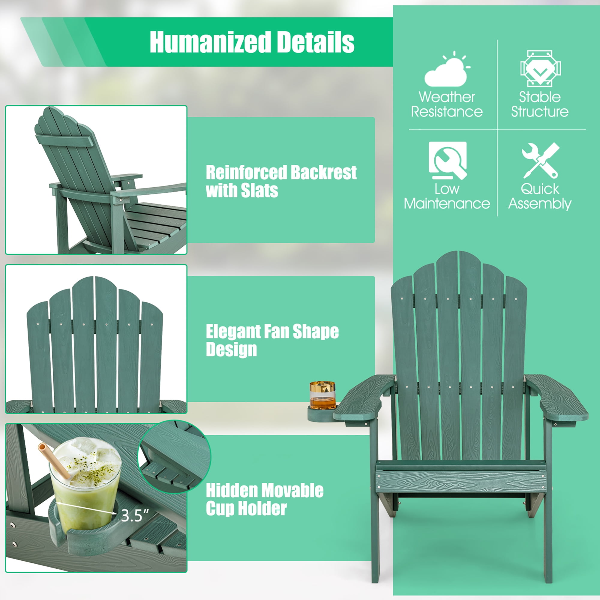 Costway Patio HIPS Adirondack Chair with Cup Holder Weather Resistant Outdoor 380 LBS Navy