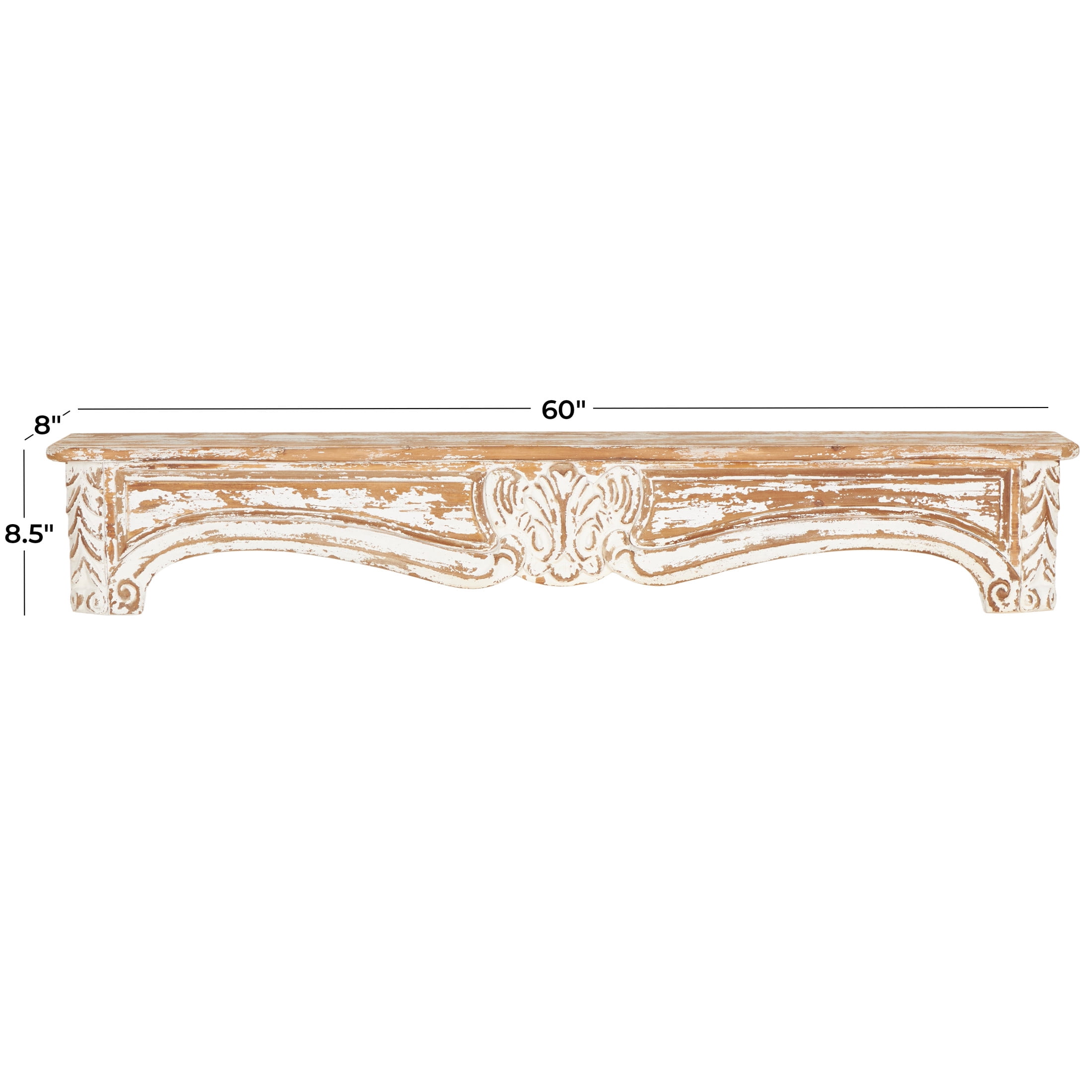 DecMode 60" x 8" Distressed 1-Tier Light Brown Scroll Wall Shelf