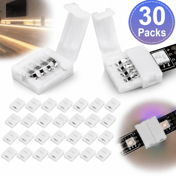 30-Pack 4-Pin 10mm RGB LED Strip Connectors – Solderless Gapless Adapter Terminal for SMD 5050 Multicolor LED Light Strips, Strip-to-Strip Extension