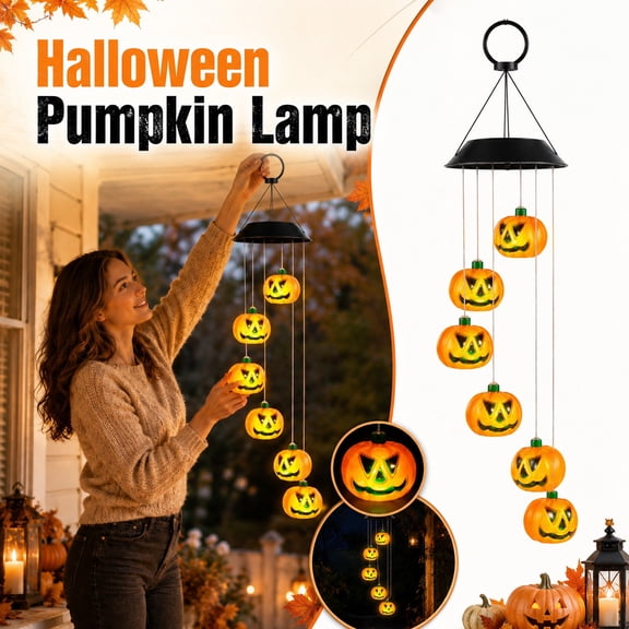 Solar Pumpkin Wind Chime Lights with Hat for Halloween Outdoor Decorations Festive Garden Yard Landscape Lighting and Autumn Party Hanging Decor