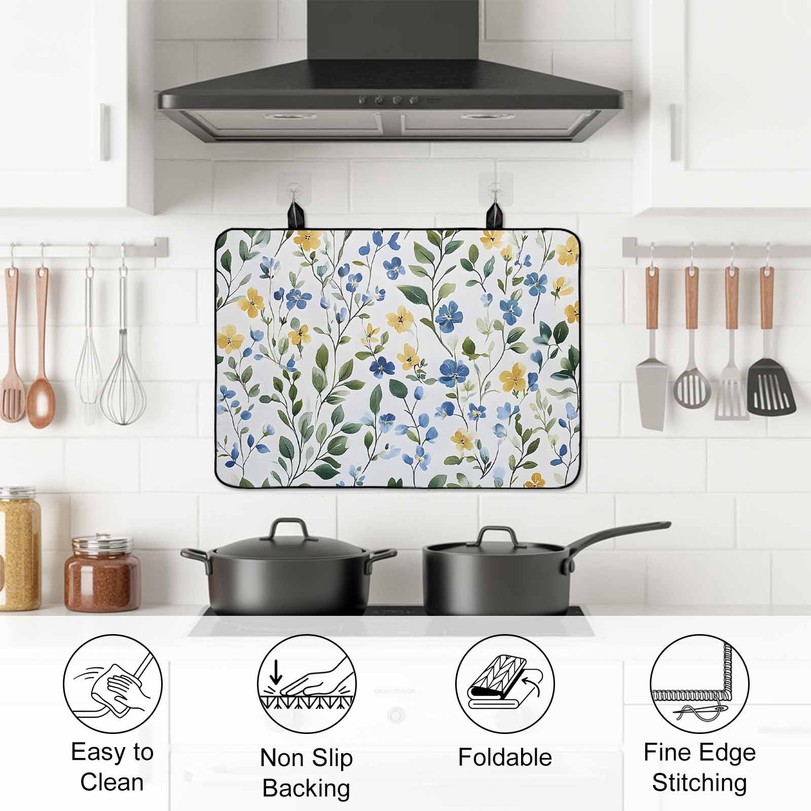 Blue Yellow Floral Spring Stove Top Cover for Electric Stove, Heat-proof & Non Slip Glass Top Stove Cover Protector, Summer Pastoral Botanical Green Kitchen Flat Cooktop Rubber Mat 24x21 Inches