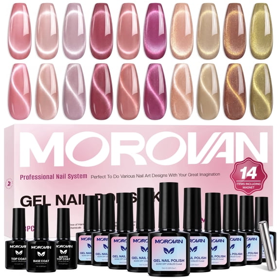 Morovan Nude Pink Cat Eye Gel Nail Polish Set with Magnet,10 Sheer Magnetic Gel Colors with Base & Top Coats for Elegant DIY Manicure
