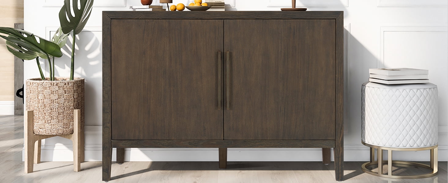 Mintazer 47.25" Farmhouse Sideboard with 2 Doors & Adjustable Feet, Wooden Storage Cabinet with Pine Veneer & Metal Handles for Entryway Living Room, Dark Brown