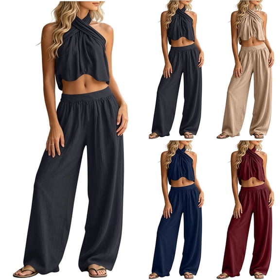 Two Piece Outfit Sets for Women Dressy Casual Plus Size Summer 2026 Solid-Color Sleeveless Top Pocket Elastic Waist Pants Outfit Sets