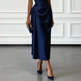thumbnail image 3 of Morttic Women's Solid Color Ruched Waist One Shoulder Midi Dress – Elegant Satin Sleeveless Cocktail Gown Navy Blue，L, 3 of 4